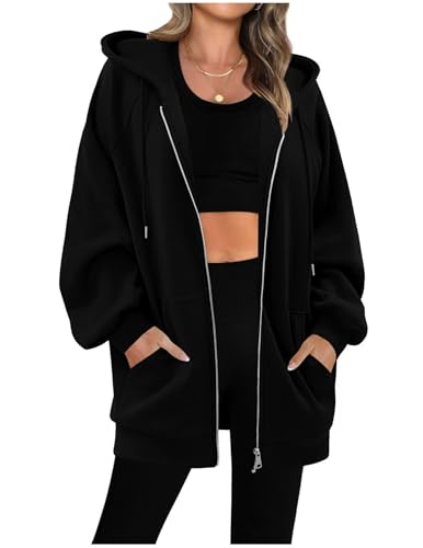 Sweatjacke Damen mit Kapuze Dünne Fleecejacke Kapuzenpullover Zipper Hoodie Lange Jacke Leicht Übergangsjacke Elegant Einfarbig Kapuzenjacke mit Taschen Strickjacke Casual Sweatshirt Locker Pullover von CSYX