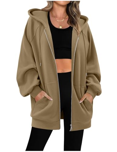 Sweatjacke Damen mit Kapuze Dünne Fleecejacke Kapuzenpullover Zipper Hoodie Lange Jacke Leicht Übergangsjacke Elegant Einfarbig Kapuzenjacke mit Taschen Strickjacke Casual Sweatshirt Locker Pullover von CSYX