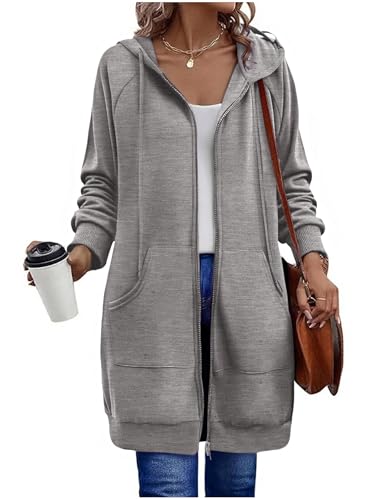 Sweatjacke Damen mit Kapuze Fleecejacke Zipper Hoodie Lange Jacke Leicht Übergangsjacke Elegant Einfarbig Kapuzenjacke mit Taschen Strickjacke Sweatshirt Locker Sportjacke Trainingsjacke Pullover von CSYX
