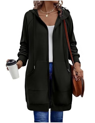 Sweatjacke Damen mit Kapuze Fleecejacke Zipper Hoodie Lange Jacke Leicht Übergangsjacke Elegant Einfarbig Kapuzenjacke mit Taschen Strickjacke Sweatshirt Locker Sportjacke Trainingsjacke Pullover von CSYX