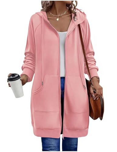 Sweatjacke Damen mit Kapuze Fleecejacke Zipper Hoodie Lange Jacke Leicht Übergangsjacke Elegant Einfarbig Kapuzenjacke mit Taschen Strickjacke Sweatshirt Locker Sportjacke Trainingsjacke Pullover von CSYX