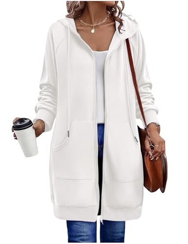Sweatjacke Damen mit Kapuze Fleecejacke Zipper Hoodie Lange Jacke Leicht Übergangsjacke Elegant Einfarbig Kapuzenjacke mit Taschen Strickjacke Sweatshirt Locker Sportjacke Trainingsjacke Pullover von CSYX