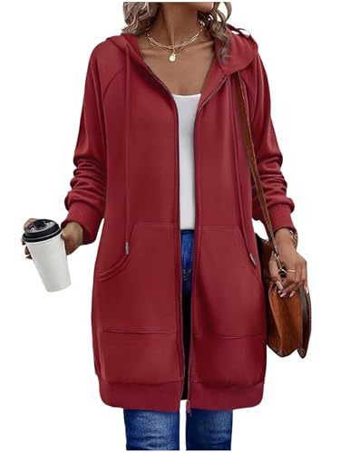 Sweatjacke Damen mit Kapuze Fleecejacke Zipper Hoodie Lange Jacke Leicht Übergangsjacke Elegant Einfarbig Kapuzenjacke mit Taschen Strickjacke Sweatshirt Locker Sportjacke Trainingsjacke Pullover von CSYX