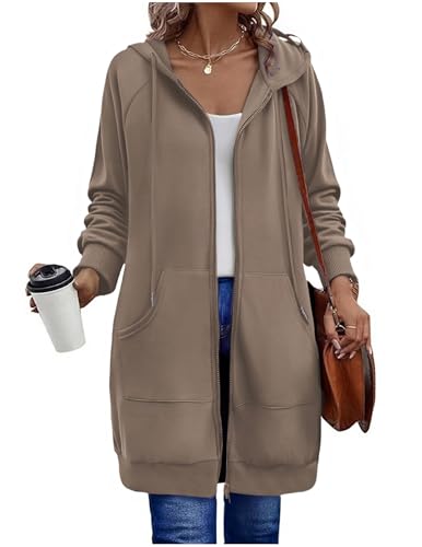 Sweatjacke Damen mit Kapuze Fleecejacke Zipper Hoodie Lange Jacke Leicht Übergangsjacke Elegant Einfarbig Kapuzenjacke mit Taschen Strickjacke Sweatshirt Locker Sportjacke Trainingsjacke Pullover von CSYX