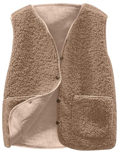 Teddy Fleece Weste Damen Ärmellos Fleecejacke Kurz V-Ausschnitt Fleeceweste Knöpfen Teddyfleece Jacke Locker Westen Winter Wärme Teddyweste Outdoor Winterjacke Plüschweste Übergangsjacke Pelzjacke von CSYX