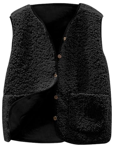 Teddy Fleece Weste Damen Ärmellos Fleecejacke Kurz V-Ausschnitt Fleeceweste Knöpfen Teddyfleece Jacke Locker Westen Winter Wärme Teddyweste Outdoor Winterjacke Plüschweste Übergangsjacke Pelzjacke von CSYX