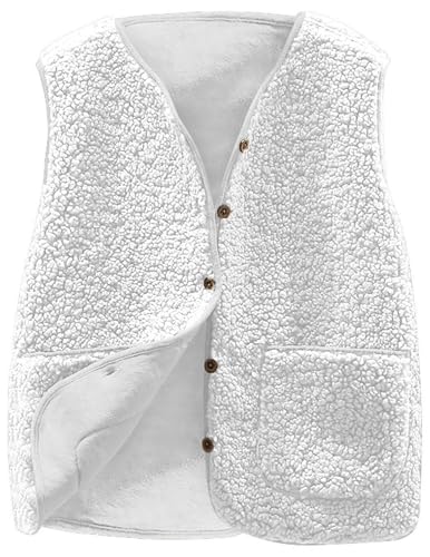 Teddy Fleece Weste Damen Ärmellos Fleecejacke Kurz V-Ausschnitt Fleeceweste Knöpfen Teddyfleece Jacke Locker Westen Winter Wärme Teddyweste Outdoor Winterjacke Plüschweste Übergangsjacke Pelzjacke von CSYX