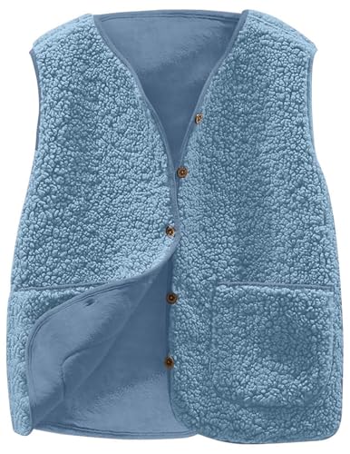 Teddy Fleece Weste Damen Ärmellos Fleecejacke Kurz V-Ausschnitt Fleeceweste Knöpfen Teddyfleece Jacke Locker Westen Winter Wärme Teddyweste Outdoor Winterjacke Plüschweste Übergangsjacke Pelzjacke von CSYX