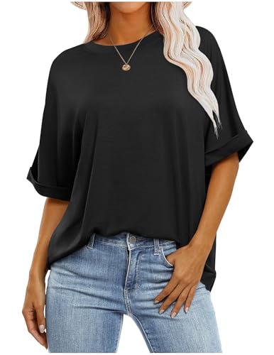 Tshirt Damen Elegant Oversize T Shirt Rundhals Weiss Bluse Sommer Casual Flügelärmel Basic Top Kurzarm Oberteile Locker T-Shirt Sportshirt Frauen Schwarz Grau Oberteile Alltag Kleidung Tuniken Blusen von CSYX