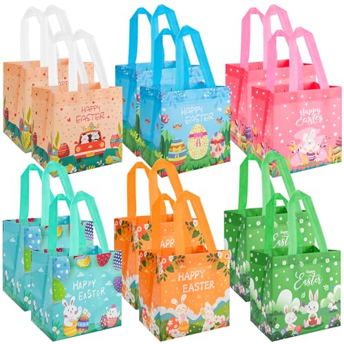 12 Stück Ostergeschenktüten mit Henkel, Wiederverwendbare Geschenktüte mit Hasen, Vliesstoff-Tragetaschen, Wasserdichte Ostertüte für Ostergeschenke, Ostertüten für Kinder Osterparty (21 x 20 x 15 cm) von CSYY