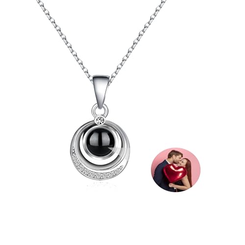 CSstone Foto Projektion Halskette, Personalisierte Kette Mit Bild In Stein, Kette Mit Foto, Foto Schmuck Geschenk FüR MäNner Frauen, Sehen Sie Durch Charm Runde AnhäNger Halskette (A-silver) von CSstone