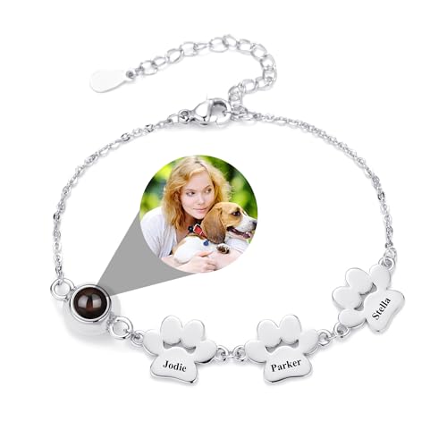 CSstone Personalisiertes Foto Armband für Frauen Hund Paw Armband mit Bild im Inneren Projektion Anhänger mit Namen Gedächtnis Charme Geschenke Sehen Sie durch verstecktes Bild Schmuck von CSstone