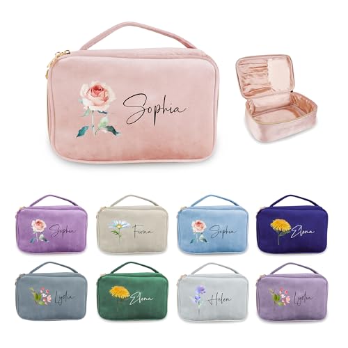 Personalisierte Geburt Blume Make-up Tasche, Custom Name Kosmetik Taschen für Frauen Reise Make-up Taschen Samt Make-up Tasche Schmuck Organizer Große Kapazität Geschenke für Geburtstag Weihnachten von CSstone
