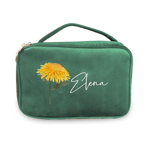 Personalisierte Geburt Blume Make-up Tasche, Custom Name Kosmetik Taschen für Frauen Reise Make-up Taschen Samt Make-up Tasche Schmuck Organizer Große Kapazität Geschenke für Geburtstag Weihnachten von CSstone