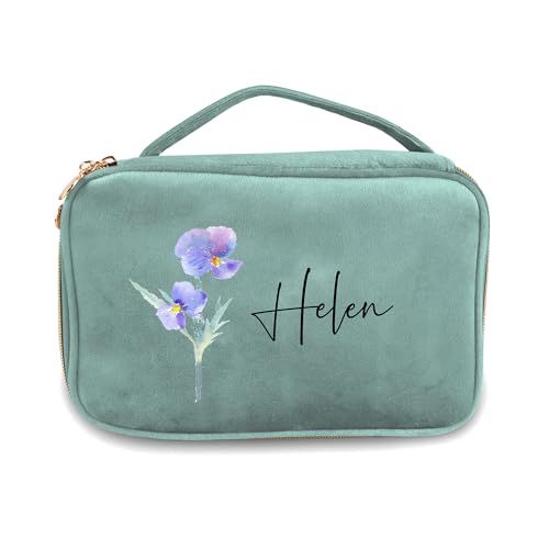 Personalisierte Geburt Blume Make-up Tasche, Custom Name Kosmetik Taschen für Frauen Reise Make-up Taschen Samt Make-up Tasche Schmuck Organizer Große Kapazität Geschenke für Geburtstag Weihnachten von CSstone