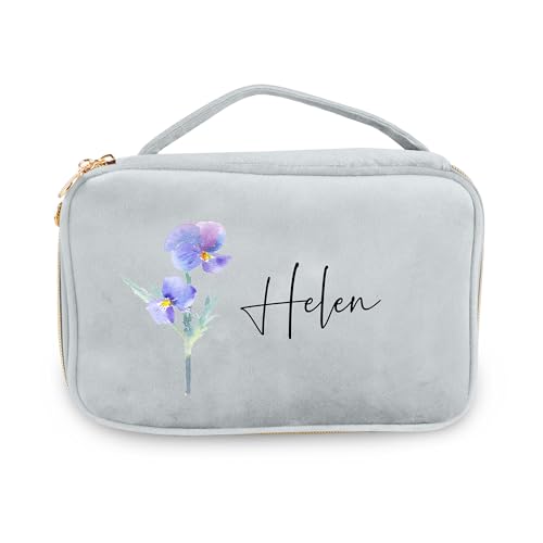 Personalisierte Geburt Blume Make-up Tasche, Custom Name Kosmetik Taschen für Frauen Reise Make-up Taschen Samt Make-up Tasche Schmuck Organizer Große Kapazität Geschenke für Geburtstag Weihnachten von CSstone