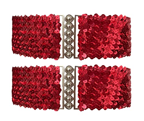 CT COTIM COYIN 2 Pack Mädchen Pailletten Sparkly Metall Interlooking Schnallen Elastischer Taillengürtel Glitter Stretchy Gürtel für Frauen, Rot/Ausflug, einfarbig (Getaway Solids), Total length: von CT COTIM COYIN