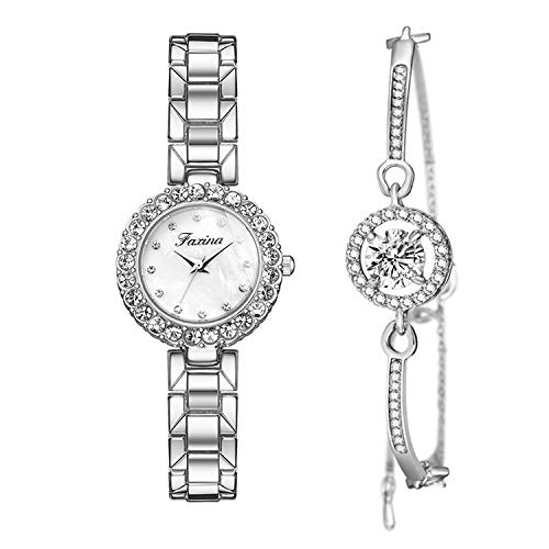 Clastyle Uhr mit Armband Damen Set Silber Perlmutt Strass Armbanduhren für Damen Glänzender Edelstahlband Silber Damen Uhr Set Geschenk von Clastyle