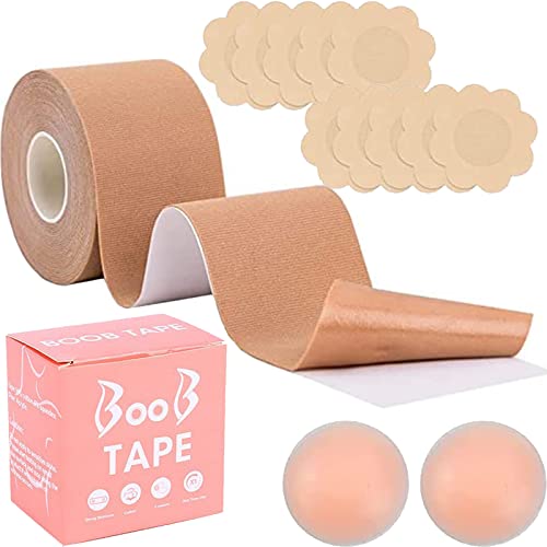 CTDMJ Brust Tape Klebe BH Push Up Boob Tape Set für Klebe BH Große Brust Rückenfrei BH Bruststraffung Band Mit 5 Paar Breast Boob Tape & 1 Paar Wiederverwendbarem Silikon für Körbchengrößen A-G von CTDMJ