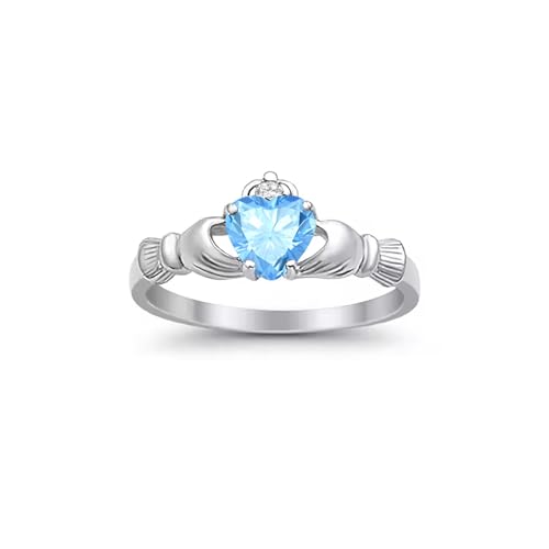 CTIEIP 10K 14K 18K 20K Gold 0.11ct echter Diamant Claddagh Edelstein Ringe 1 Karat Herzform Irischer Claddagh Geburtsstein Ring Claddagh Verlobungsring für Frauen Frau Freundin, Blautopas, Diamant, von CTIEIP