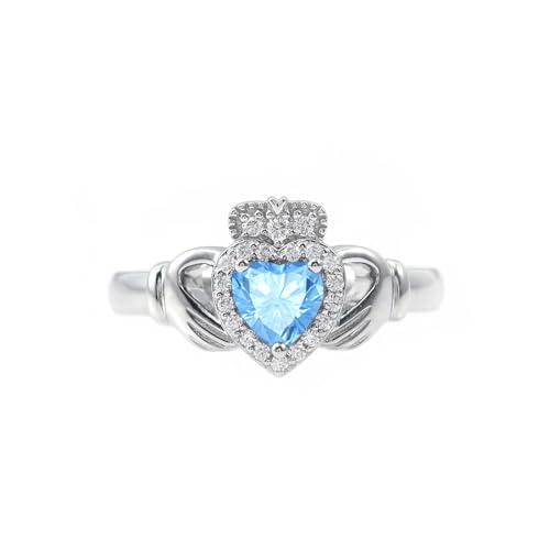CTIEIP 10K 14K 18K 20K Gold 0.2ct echter Diamant Claddagh Edelstein Ringe Herzform Irischer Claddagh Geburtsstein Ring Claddagh Verlobungsring Versprechen Ring für Frauen Frau Freundin, Blautopas, von CTIEIP