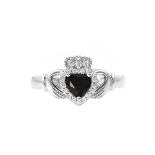 CTIEIP 10K 14K 18K 20K Gold 0.2ct echter Diamant Claddagh Edelstein Ringe Herzform Irischer Claddagh Geburtsstein Ring Claddagh Verlobungsring Versprechen Ring für Frauen Frau Freundin, Schwarzer von CTIEIP