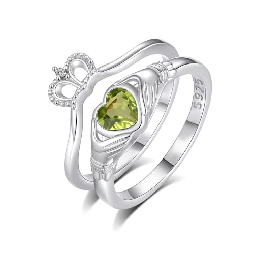 CTIEIP Claddagh-Verlobungsringe-Set aus 10 Karat 14 Karat 18 Karat Gold 0,03 Karat natürlicher Diamant in Herzform Edelstein Claddagh-Ring-Set Irischer Claddagh-Geburtsstein-Ring für Frauen, Peridot von CTIEIP