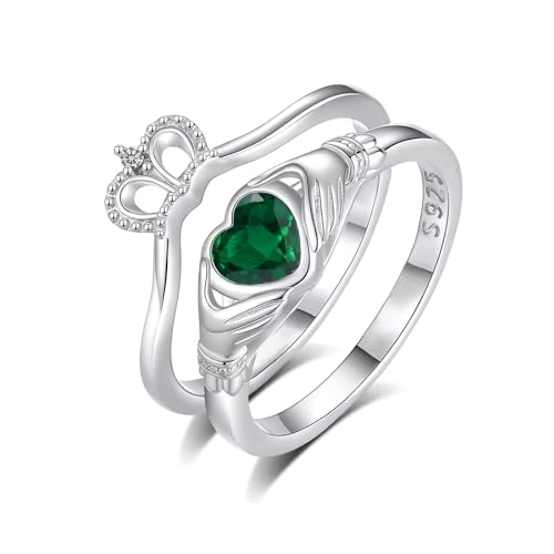 CTIEIP Claddagh-Verlobungsringe-Set aus 10 Karat 14 Karat 18 Karat Gold 0,03 Karat natürlicher Diamant in Herzform Edelstein Claddagh-Ring-Set Irischer Claddagh-Geburtsstein-Ring für Frauen, Aus von CTIEIP