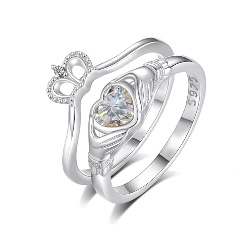 CTIEIP Claddagh-Verlobungsringe-Set aus 10 Karat 14 Karat 18 Karat Gold 0,03 Karat natürlicher Diamant in Herzform Edelstein Claddagh-Ring-Set Irischer Claddagh-Geburtsstein-Ring für Frauen, von CTIEIP