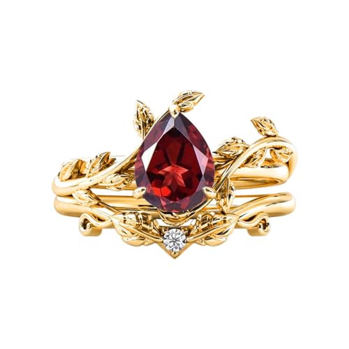 CTIEIP Verlobungsring-Set aus 10 K 14 Karat 18 Karat massivem Gold natürlicher Diamant Birne Vintage Edelstein Verlobungsring-Set Blatt Art-Deco-Ring-Set Birnenschliff einzigartiger von CTIEIP