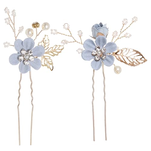 CTIRCHIU 2 Stück Handgefertigte Blaue U Förmige Haarnadeln mit Stoffblumen Perlenverziert Brautschmuck für Hochzeit Tanzparty und Festliche Anlässe Komfortabel und Sicher zu Tragen von CTIRCHIU