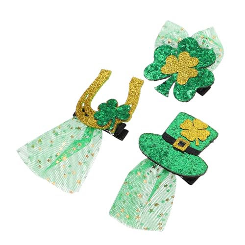 CTIRCHIU 3 Stück St. Patricks Day Haarspangen Mit Glitzer-pailletten, Kleeblatt-topper, Hut Und -haarspangen Mit Grünem Schleier, Haarschmuck Für Irische Partys von CTIRCHIU
