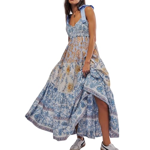 CTLTSRX Buntes Boho-Kleid mit Spaghettiträgern für Damen, ärmelloses langes Maxikleid mit Blumenmuster, lässiges, fließendes Strand-Sommerkleid (Blue,M) von CTLTSRX