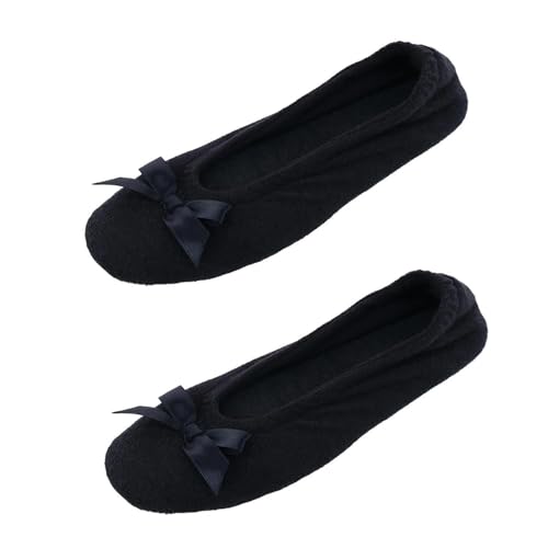 CTM Damen Frottee Ballerina Slipper Hausschuh (2er Pack), Schwarz , Large von CTM