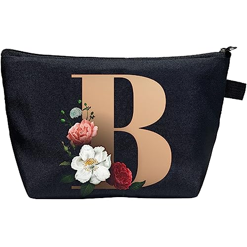 CTNUOBEE Kosmetiktasche mit Buchstaben-Motiv, goldfarbenes Alphabet mit Blume, Make-up-Tasche, tragbare Reisetasche, Reißverschluss, Kulturbeutel, personalisierte Geschenke für Frauen, B, Letter von CTNUOBEE