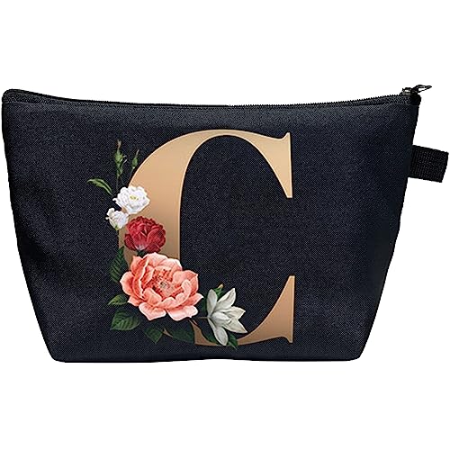 CTNUOBEE Kosmetiktasche mit Buchstaben-Motiv, goldfarbenes Alphabet mit Blume, Make-up-Tasche, tragbare Reisetasche, Reißverschluss, Kulturbeutel, personalisierte Geschenke für Frauen, C, Letter von CTNUOBEE