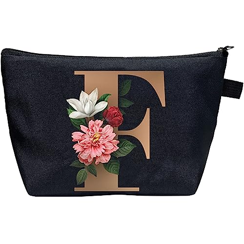 CTNUOBEE Kosmetiktasche mit Buchstaben-Motiv, goldfarbenes Alphabet mit Blume, Make-up-Tasche, tragbare Reisetasche, Reißverschluss, Kulturbeutel, personalisierte Geschenke für Frauen, F, Letter von CTNUOBEE