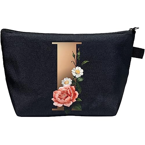 CTNUOBEE Kosmetiktasche mit Buchstaben-Motiv, goldfarbenes Alphabet mit Blume, Make-up-Tasche, tragbare Reisetasche, Reißverschluss, Kulturbeutel, personalisierte Geschenke für Frauen, I, Letter von CTNUOBEE