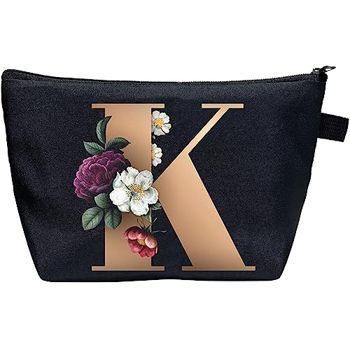 CTNUOBEE Kosmetiktasche mit Buchstaben-Motiv, goldfarbenes Alphabet mit Blume, Make-up-Tasche, tragbare Reisetasche, Reißverschluss, Kulturbeutel, personalisierte Geschenke für Frauen, K, Letter von CTNUOBEE