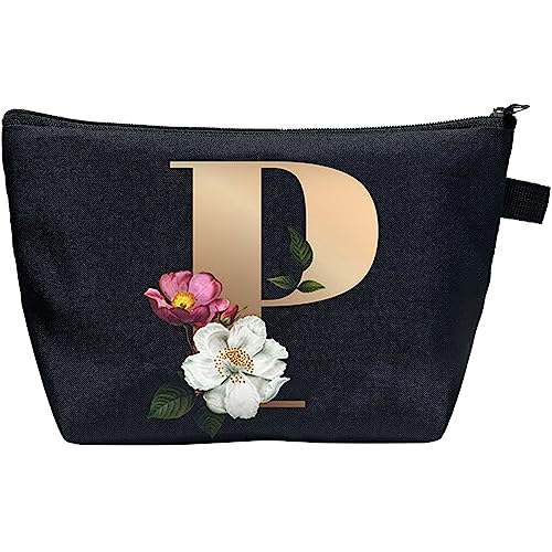 CTNUOBEE Kosmetiktasche mit Buchstaben-Motiv, goldfarbenes Alphabet mit Blume, Make-up-Tasche, tragbare Reisetasche, Reißverschluss, Kulturbeutel, personalisierte Geschenke für Frauen, P, Letter von CTNUOBEE