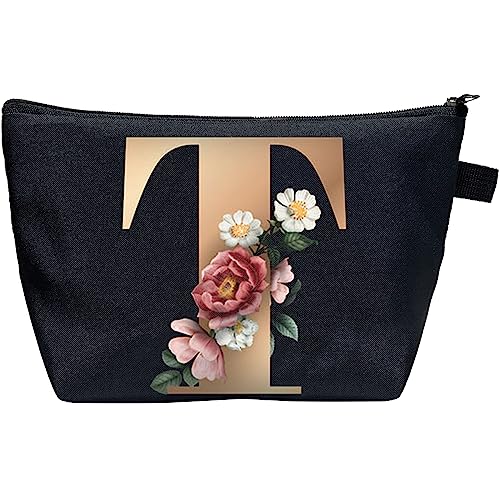 CTNUOBEE Kosmetiktasche mit Buchstaben-Motiv, goldfarbenes Alphabet mit Blume, Make-up-Tasche, tragbare Reisetasche, Reißverschluss, Kulturbeutel, personalisierte Geschenke für Frauen, T, Letter von CTNUOBEE