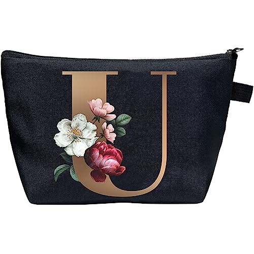 CTNUOBEE Kosmetiktasche mit Buchstaben-Motiv, goldfarbenes Alphabet mit Blume, Make-up-Tasche, tragbare Reisetasche, Reißverschluss, Kulturbeutel, personalisierte Geschenke für Frauen, U, Letter von CTNUOBEE