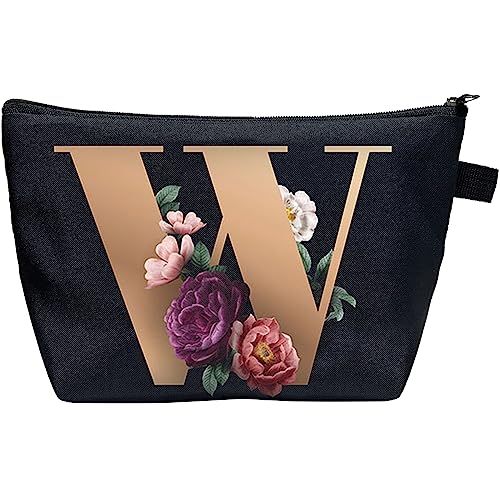 CTNUOBEE Kosmetiktasche mit Buchstaben-Motiv, goldfarbenes Alphabet mit Blume, Make-up-Tasche, tragbare Reisetasche, Reißverschluss, Kulturbeutel, personalisierte Geschenke für Frauen, W, Letter von CTNUOBEE