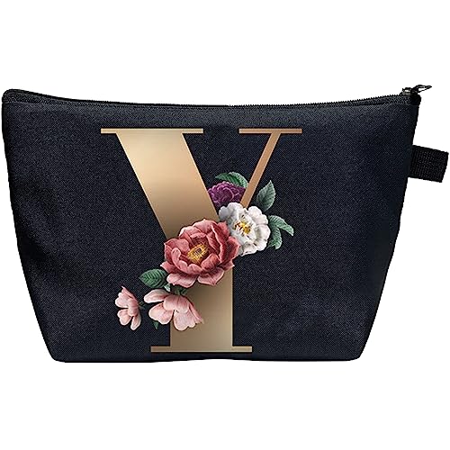 CTNUOBEE Kosmetiktasche mit Buchstaben-Motiv, goldfarbenes Alphabet mit Blume, Make-up-Tasche, tragbare Reisetasche, Reißverschluss, Kulturbeutel, personalisierte Geschenke für Frauen, Y, Letter von CTNUOBEE