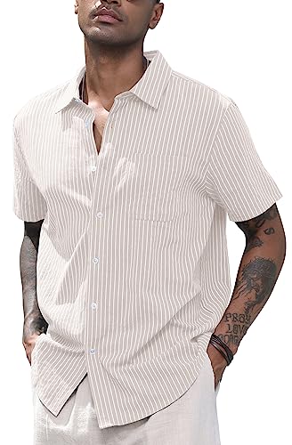 CTU Herren Leinenhemden Baumwollhemden mit kurzen Ärmeln Gestreiftes Button Down Hemd Freizeithemd Sommer Strand Hemd Beige M von CTU