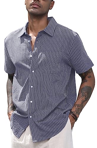 CTU Herren Leinenhemden Baumwollhemden mit kurzen Ärmeln Gestreiftes Button Down Hemd Freizeithemd Sommer Strand Hemd Grau 3XL von CTU