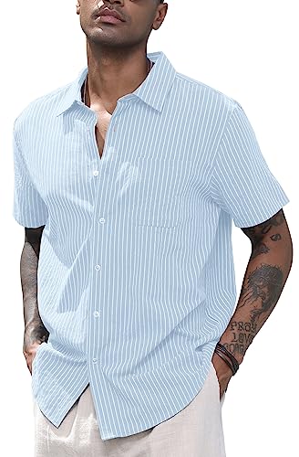 CTU Herren Leinenhemden Baumwollhemden mit kurzen Ärmeln Gestreiftes Button Down Hemd Freizeithemd Sommer Strand Hemd Himmelblau 3XL von CTU