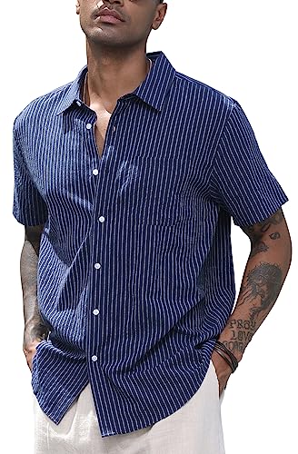 CTU Herren Leinenhemden Baumwollhemden mit kurzen Ärmeln Gestreiftes Button Down Hemd Freizeithemd Sommer Strand Hemd Marineblau M von CTU