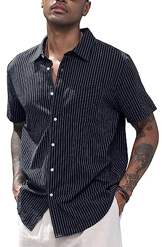 CTU Herren Leinenhemden Baumwollhemden mit kurzen Ärmeln Gestreiftes Button Down Hemd Freizeithemd Sommer Strand Hemd Schwarz L von CTU