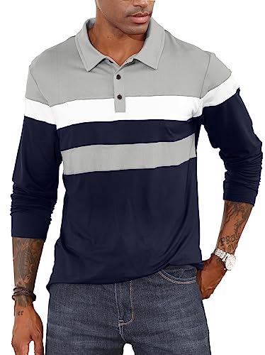 CTU Herren Polohemden Langarm Kontrastfarbiges Hemd Patchwork Hemd Golf Tennis Oberteile Grau, 3XL von CTU